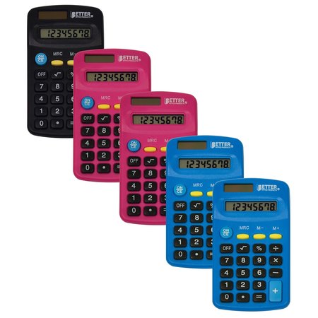 BETTER OFFICE PRODUCTS Pocket Size Mini Calculators, Std Function, Asst's Colors, Dual Power W/Included AA Batteries, 5PK 00402